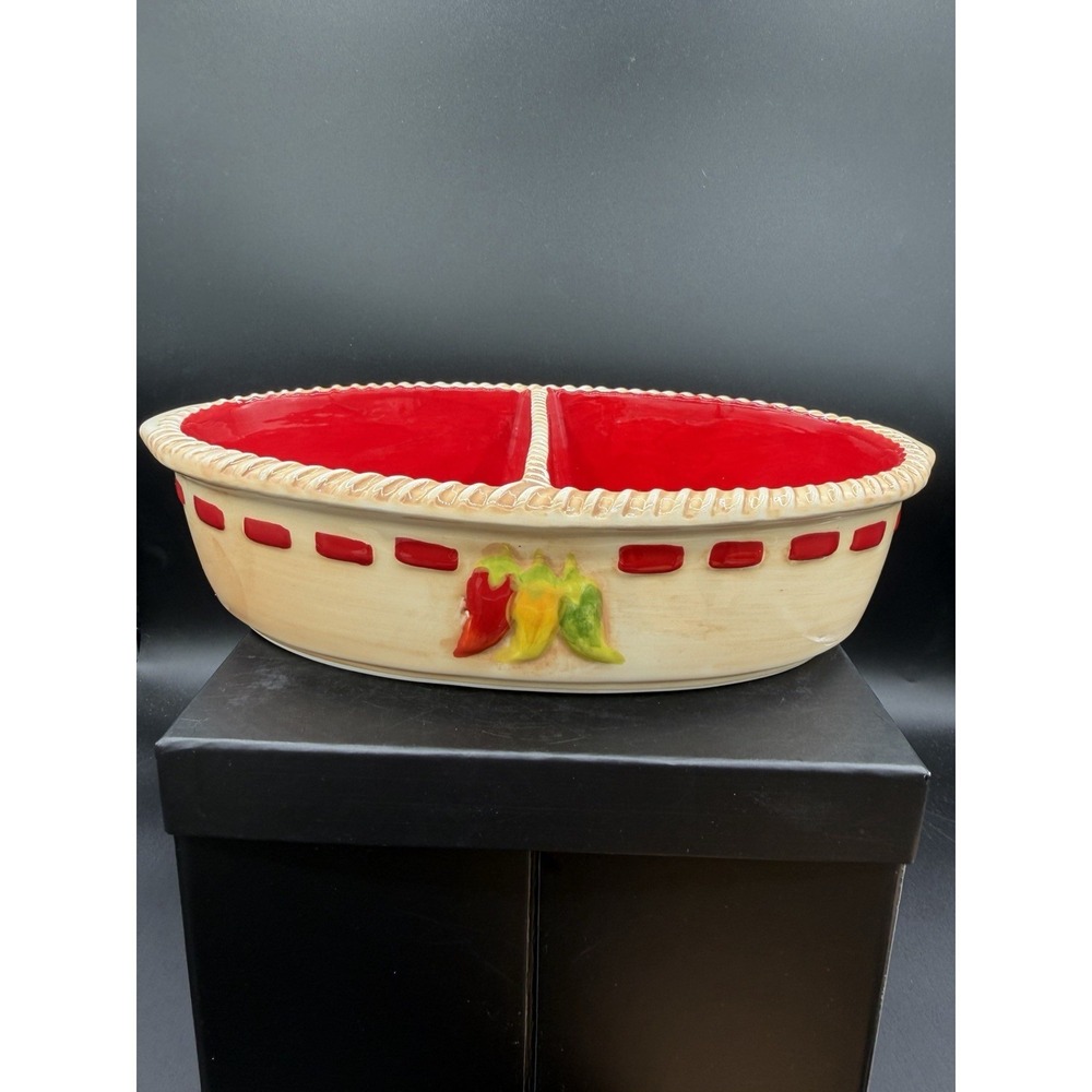 🌶 1990's Avon Southwestern / Chili Pepper Ceramic Divided Baking Dish 🌶